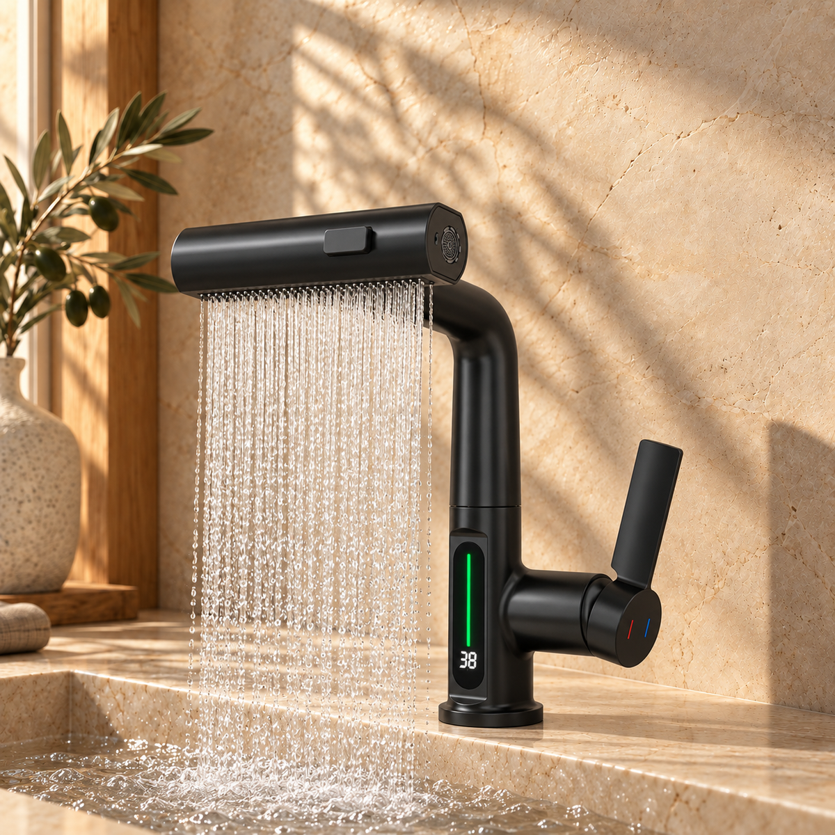 Lucca Waterfall Bathroom Sink Faucet with Temperature Display