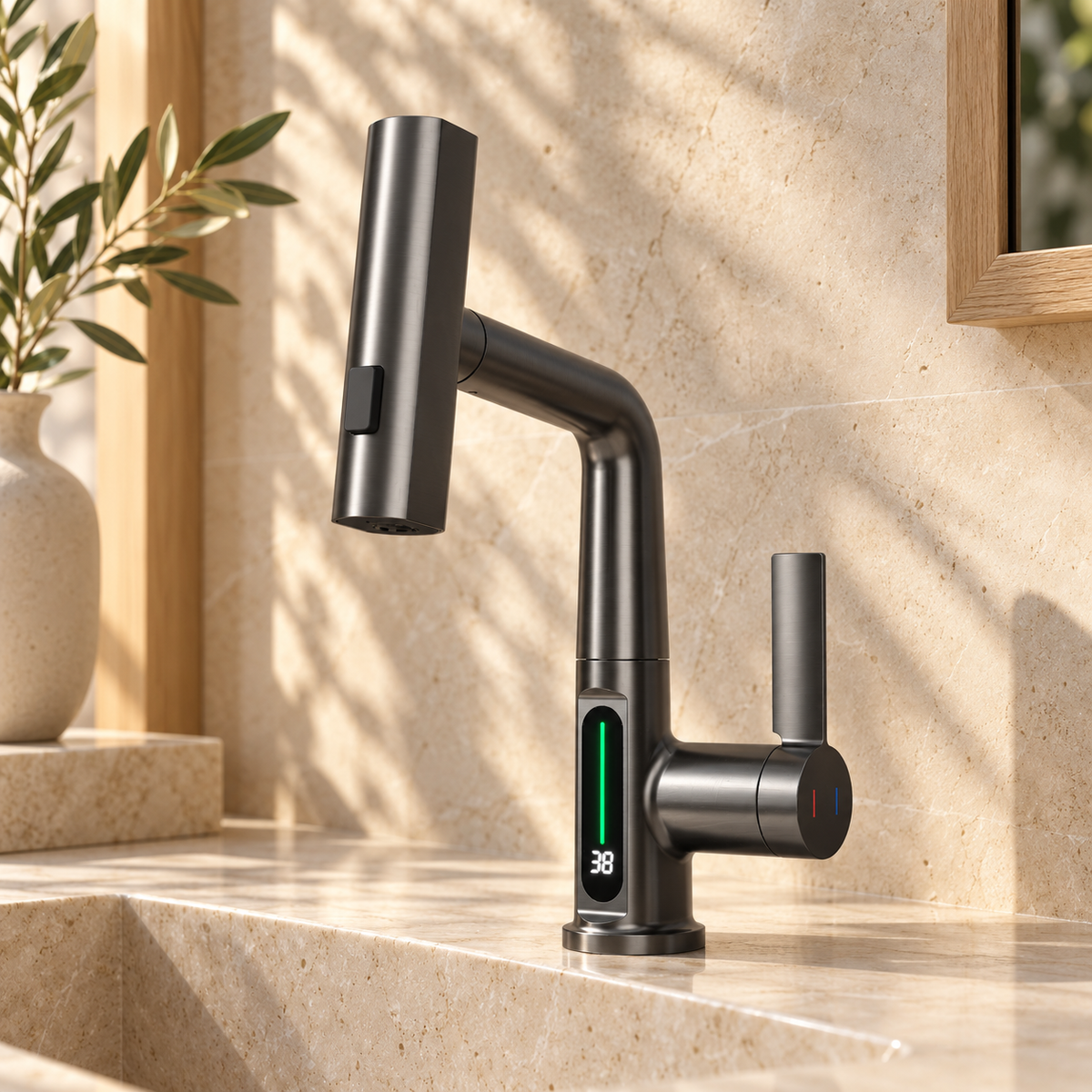 Lucca Waterfall Bathroom Sink Faucet with Temperature Display