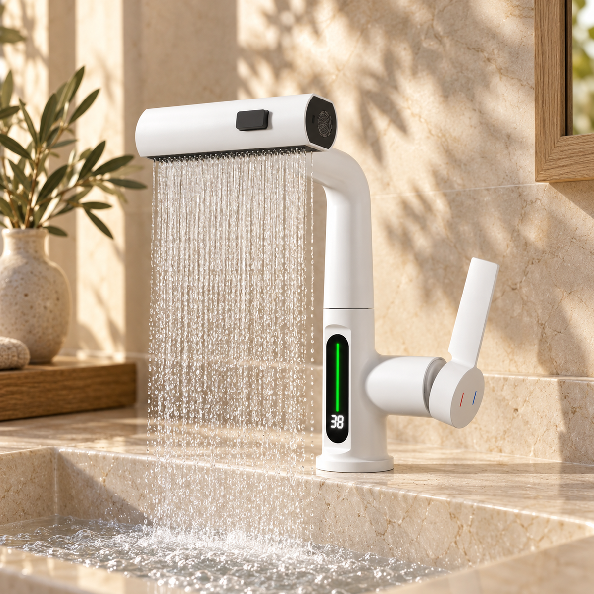 Lucca Waterfall Bathroom Sink Faucet with Temperature Display