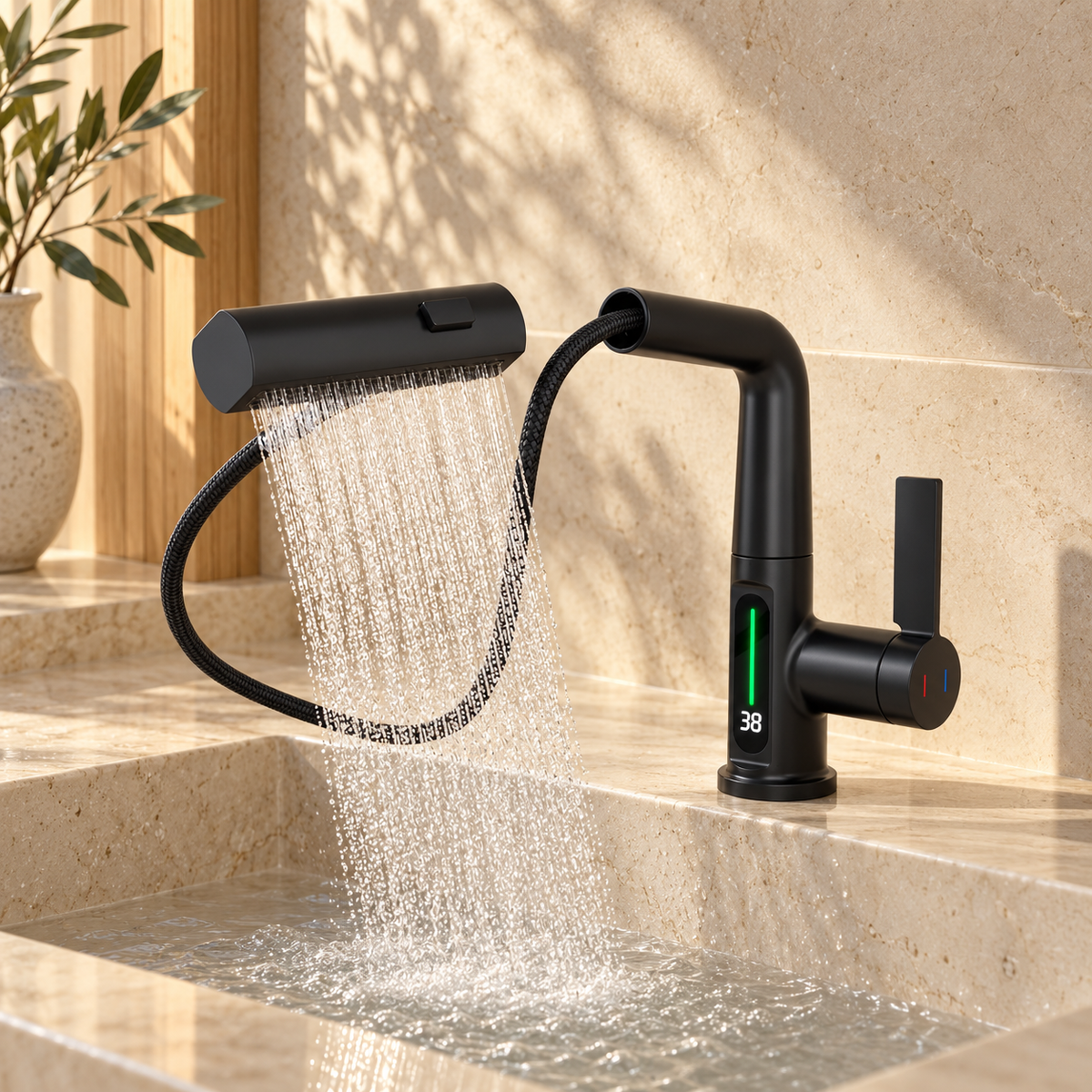 Lucca Waterfall Bathroom Sink Faucet with Temperature Display