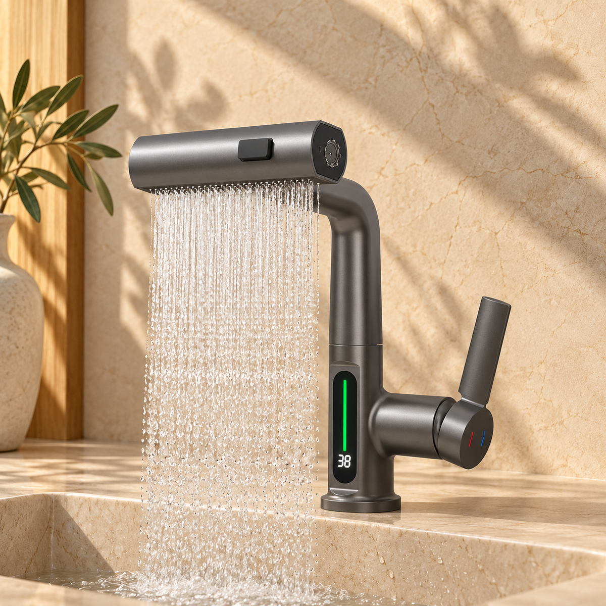 Lucca Waterfall Bathroom Sink Faucet with Temperature Display