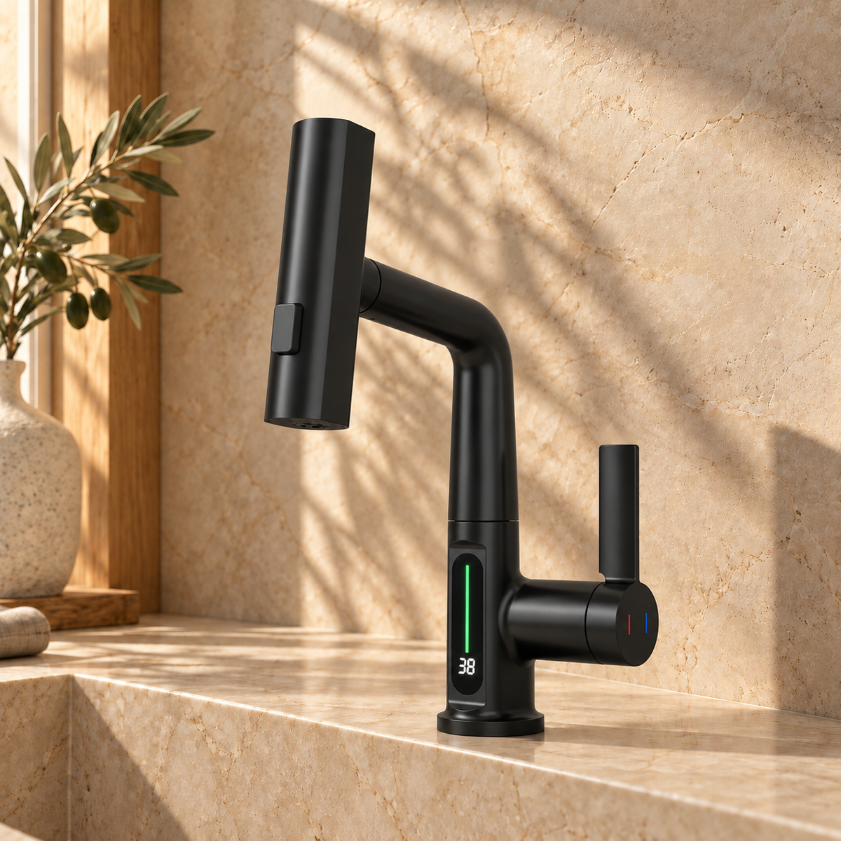 Lucca Waterfall Bathroom Sink Faucet with Temperature Display