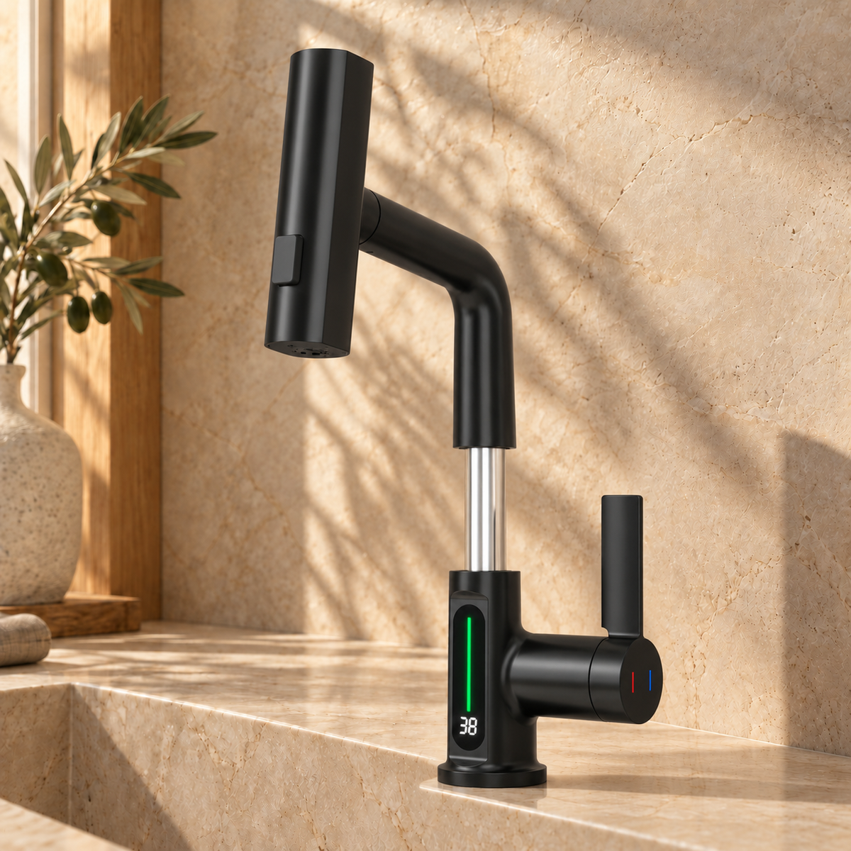 Lucca Waterfall Bathroom Sink Faucet with Temperature Display