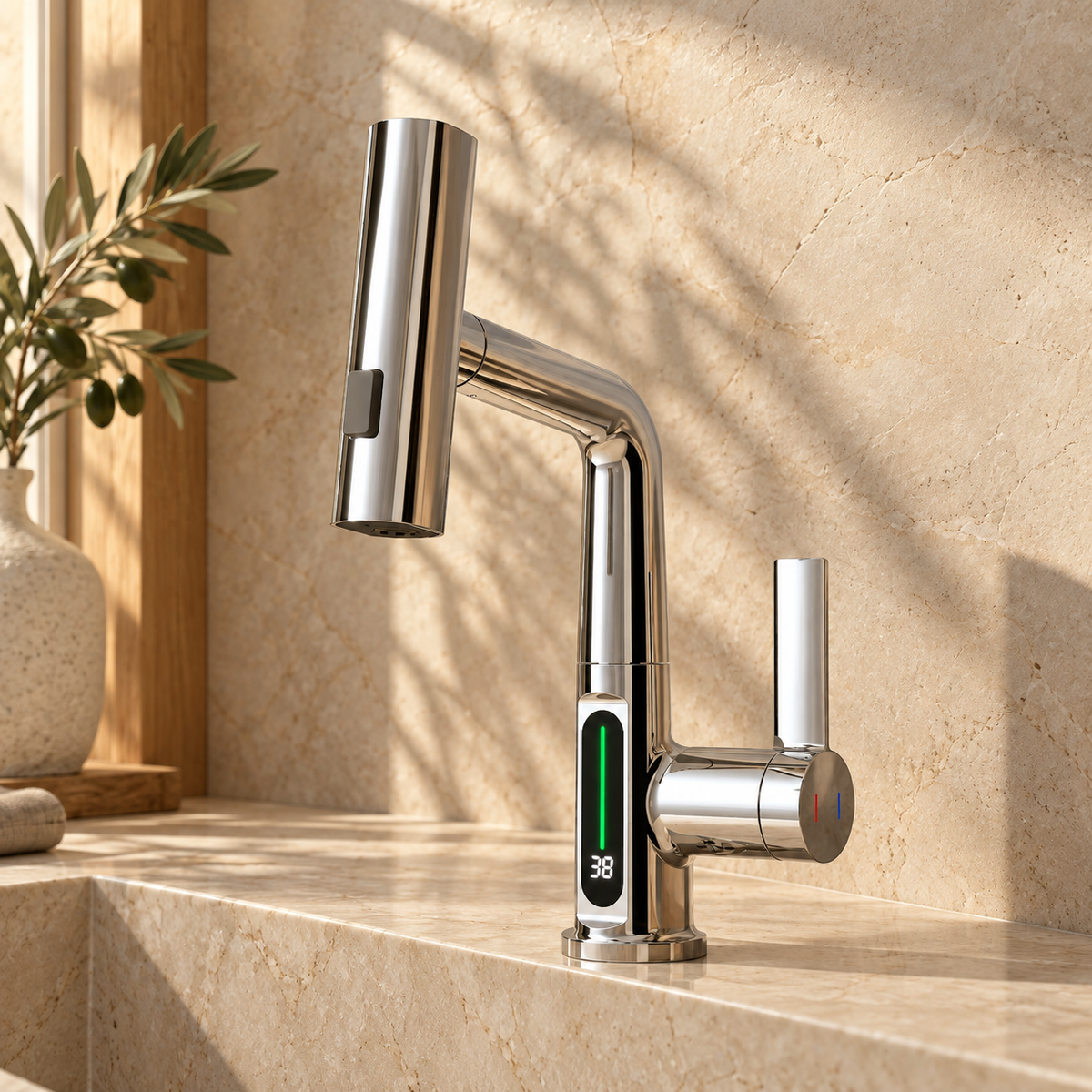 Lucca Waterfall Bathroom Sink Faucet with Temperature Display