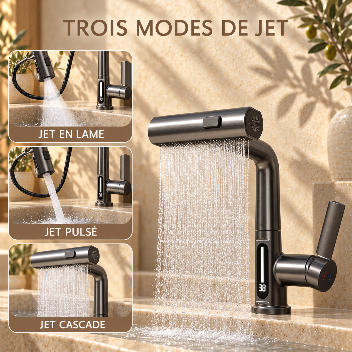 Lucca Waterfall Bathroom Sink Faucet with Temperature Display