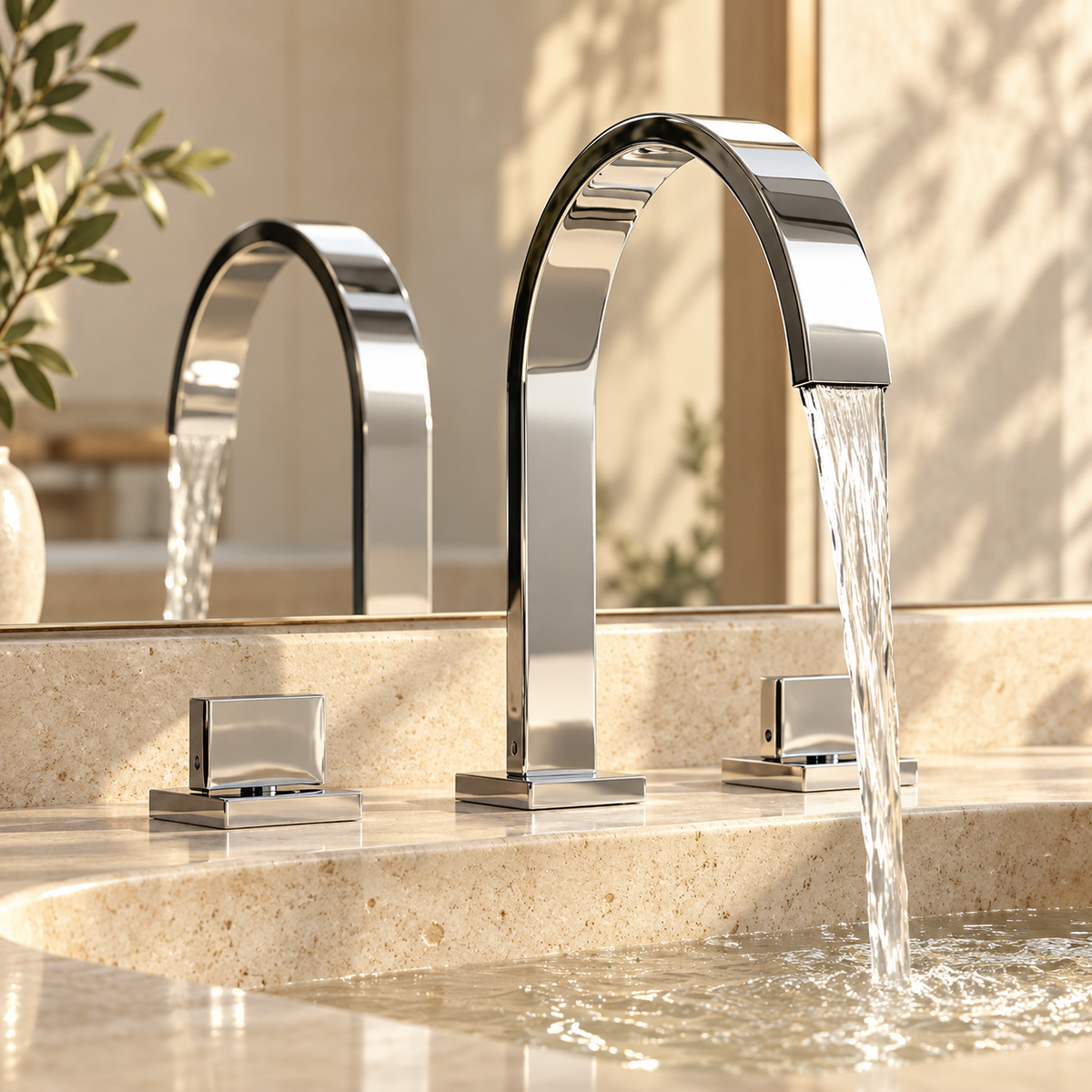 Rimini Bathroom Sink Faucet Solid Brass 3-Hole Waterfall