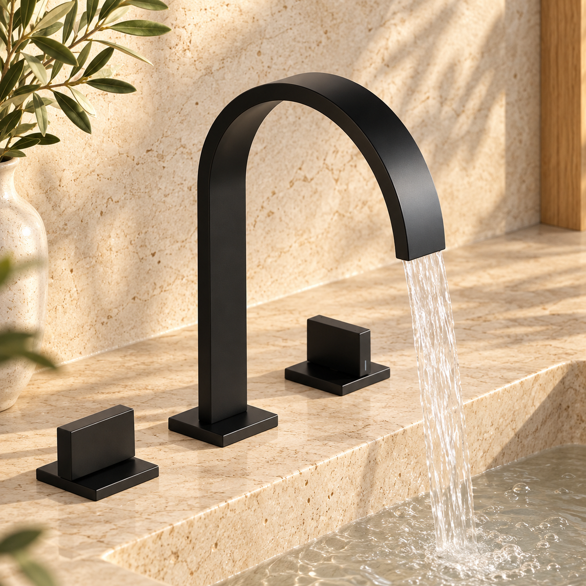Rimini Bathroom Sink Faucet Solid Brass 3-Hole Waterfall