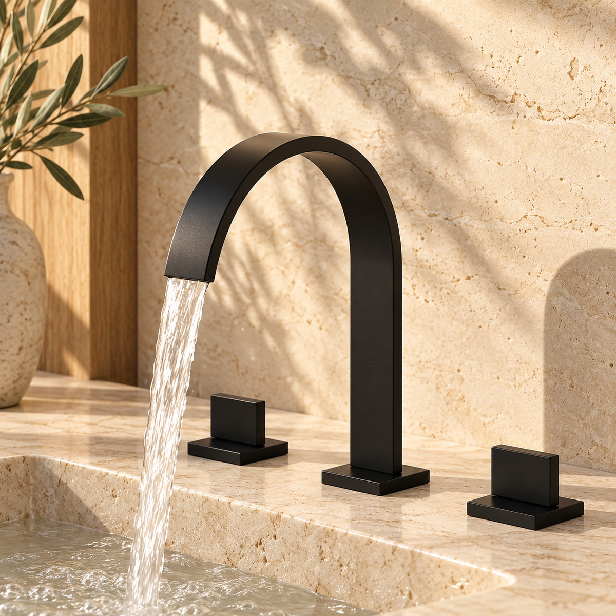Rimini Bathroom Sink Faucet Solid Brass 3-Hole Waterfall